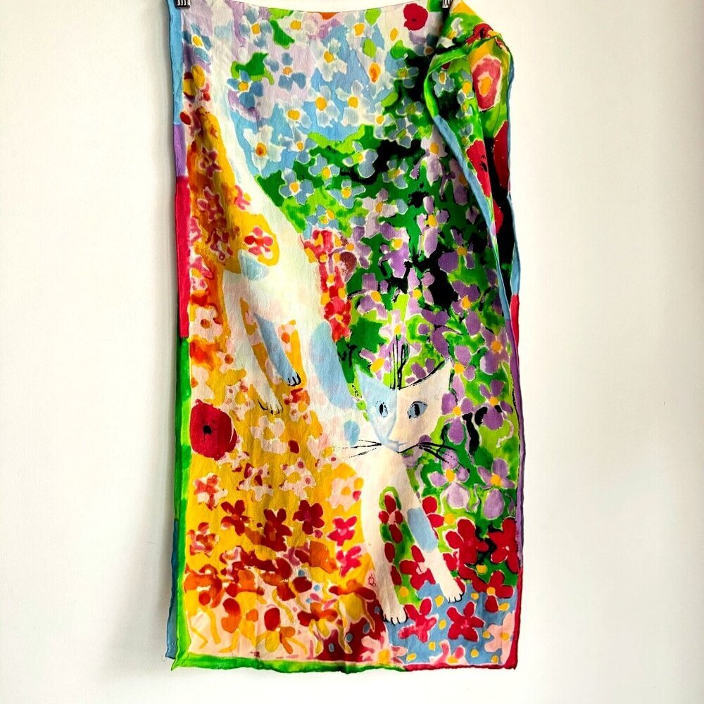 Colorful Floral & Cat Print Silk Scarf - Multicolor